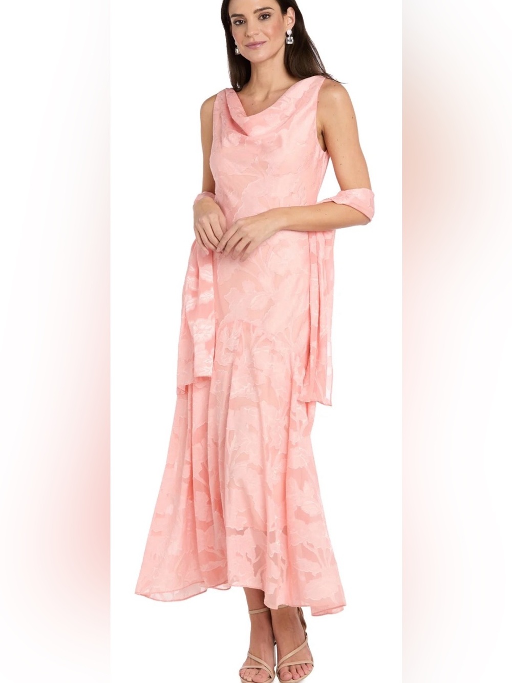 R&M Richards Peach Maxi Dress with Draped Cowl Neck